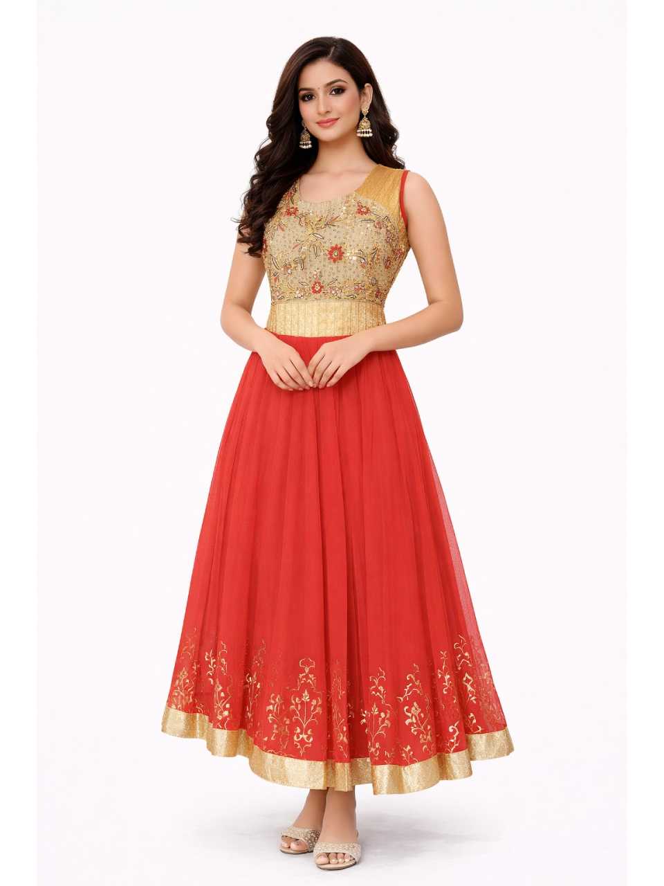 Girls Red & Gold Embroidered Party Gown