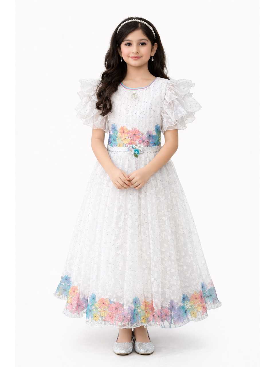 White Floral Princess Gown for Girls