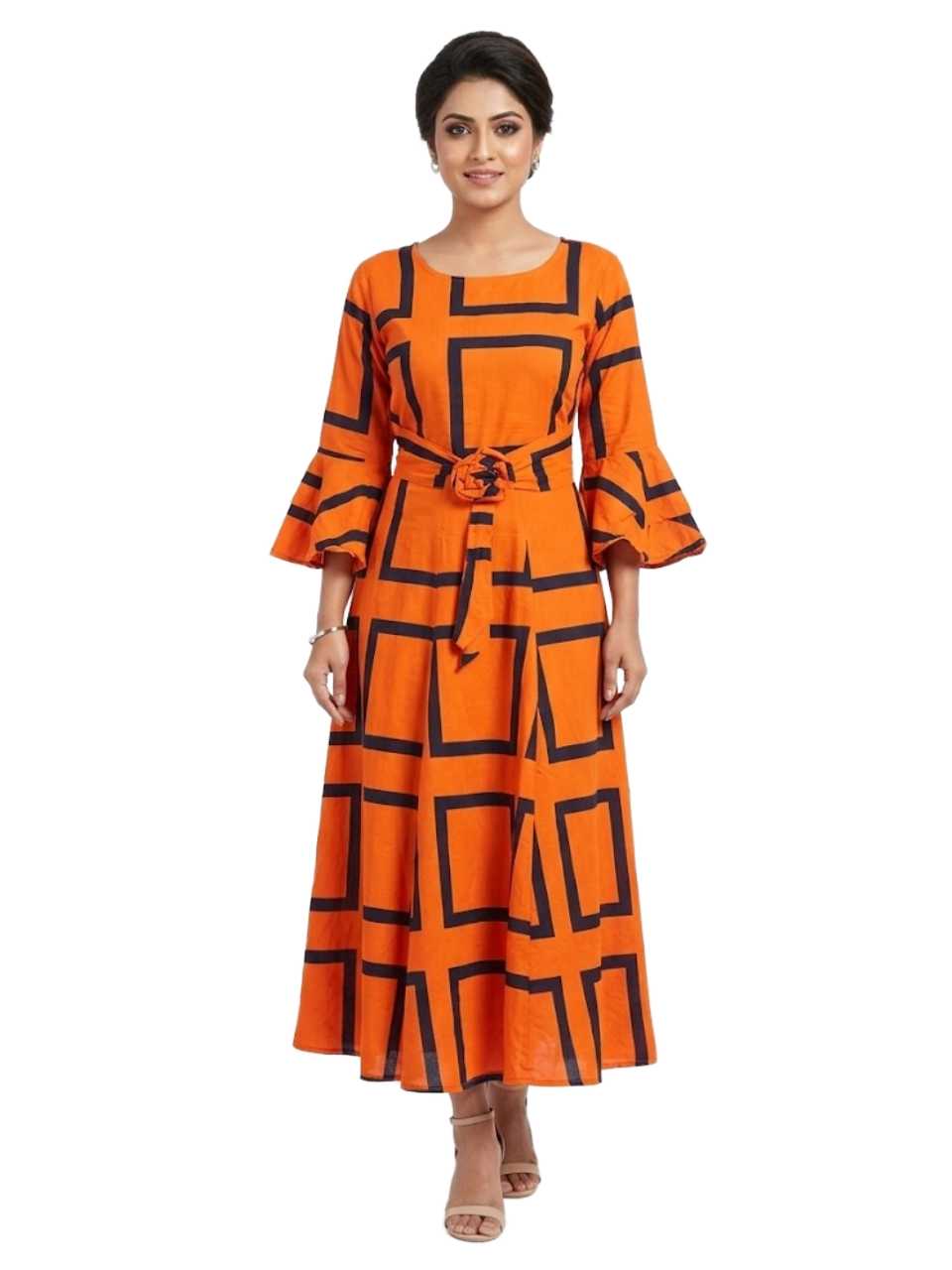 Women’s Geometric Print Orange Flare-Sleeve Midi Dress