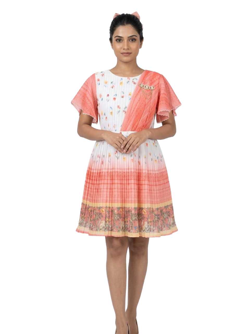 Women’s Peach & White Pleated Fusion Dress